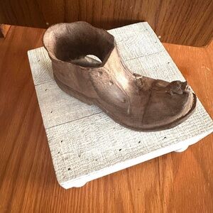 Vintage hand carved wooden shoe with mouse on toe